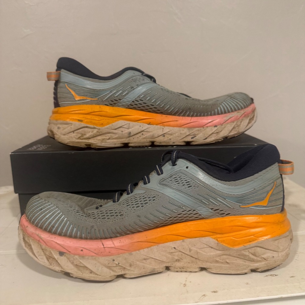 Hoka Bondi 7 Running Shoes Womens 9.5 Grey Orange Fair Maximalist Cushioned